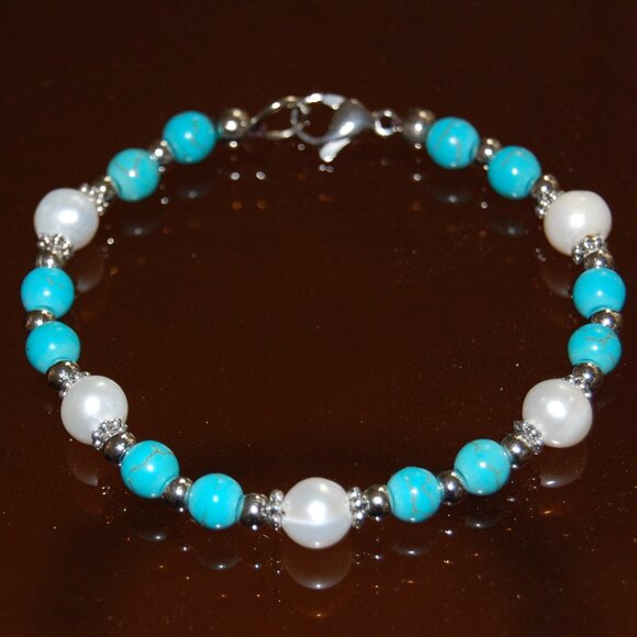Pearl Bracelet,Gemstone Bracelet,Freshwater Pearls 8mm and Turquoise 6mm Beads - Picture 2 of 2